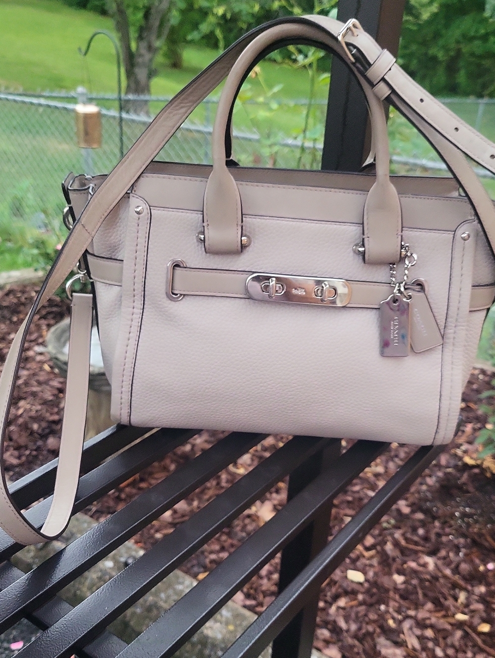 Coach Swagger Pebbled Leather Satchel in Light Taupe and Beige Trim